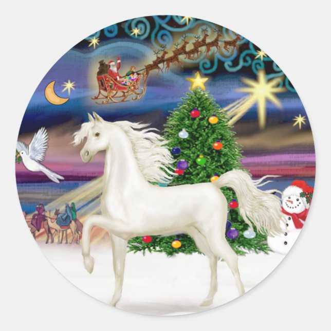 Weihnachtsmagie - Weißes Arabisches Pferd Runder Aufkleber (Vorderseite)