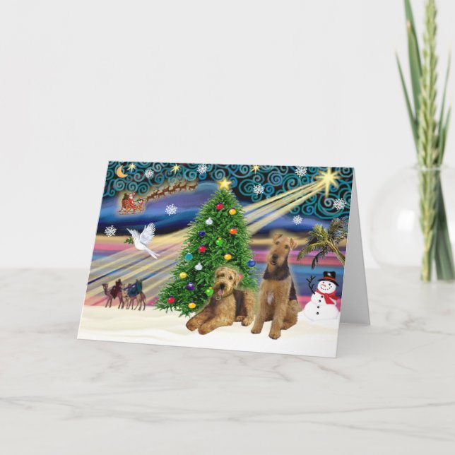 Weihnachtsmagie - Zwei Airedales Feiertagskarte (Vorderseite)