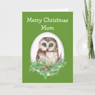WeihnachtsMama-niedliche Eulen-Vogel-Stechpalme Feiertagskarte