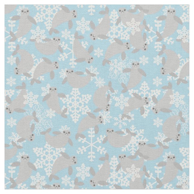 Weihnachtsmanatee Winterblaue Schneeflocken Stoff (Nahaufnahme)