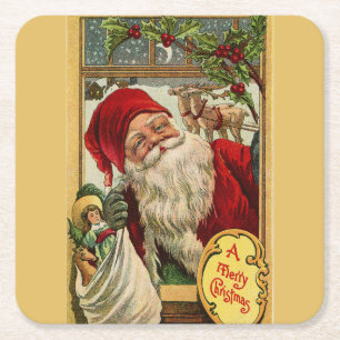 Weihnachtsmann am Fenster mit Spielzeugtasche Rechteckiger Pappuntersetzer