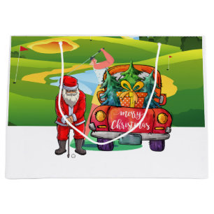 Weihnachtsmann am Golf mit rotem LKW auf Grün Große Geschenktüte