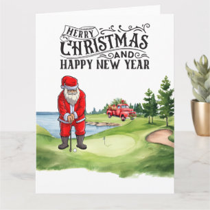Weihnachtsmann am Golf mit rotem LKW auf Grün Karte