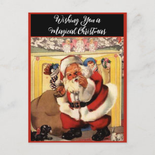 Weihnachtsmann am Kamin mit Welpen Vintage Retro Feiertagspostkarte