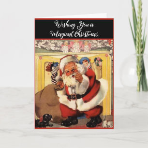 Weihnachtsmann am Kamin mit Welpen Vintage Retro  Karte