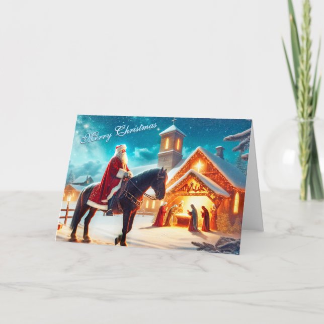 Weihnachtsmann am Pferd Weihnachtskarte Feiertagskarte (Vorderseite)