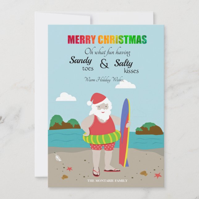 Weihnachtsmann am Strand Feiertagskarte (Vorderseite)