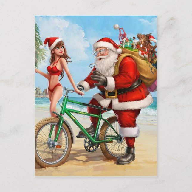 Weihnachtsmann am Strand, Frohe Weihnachten! Postkarte (Vorderseite)