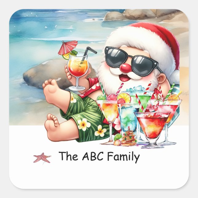 Weihnachtsmann am Strand Weihnachten im Juli Quadratischer Aufkleber (Vorderseite)