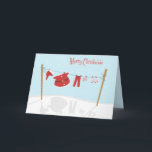Weihnachtsmann-Anzug auf der Clothesline Weihnacht Feiertagskarte<br><div class="desc">Ein lustiges Design mit dem Anzug des Weihnachtsmannes und den unvergesslichen Dingen,  die an einem schneebedeckten Wintertag auf der Wäscheleine hängen. Inside text ist anpassbar.</div>