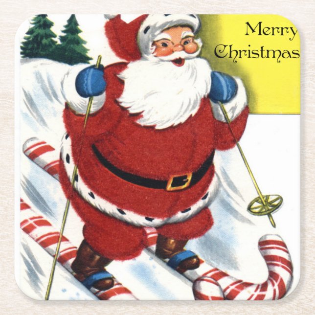 Weihnachtsmann auf Candy Cane Skis Weihnachten Rechteckiger Pappuntersetzer (Vorderseite)