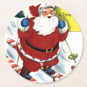Weihnachtsmann auf Candy Cane Skis Weihnachten Runder Pappuntersetzer