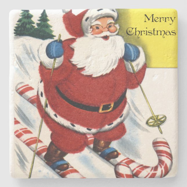 Weihnachtsmann auf Candy Cane Skis Weihnachten Steinuntersetzer (Vorderseite)