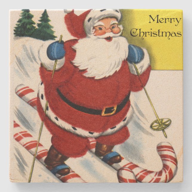 Weihnachtsmann auf Candy Cane Skis Weihnachten Steinuntersetzer (Vorderseite)