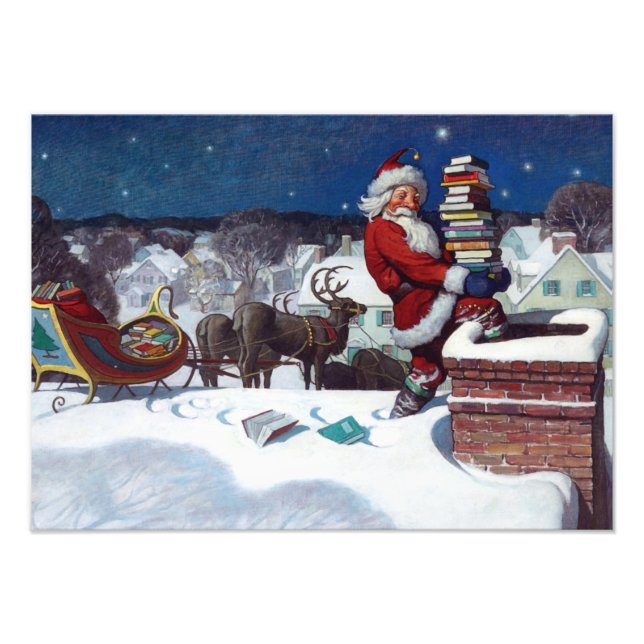 Weihnachtsmann auf Dach, Weihnachtsbücher ausliefe Fotodruck (Vorne)