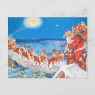 Weihnachtsmann auf dem Dach am Weihnachtsabend Feiertagspostkarte
