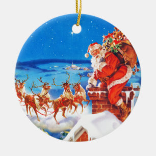 Weihnachtsmann auf dem Dach im Schnee Keramikornament