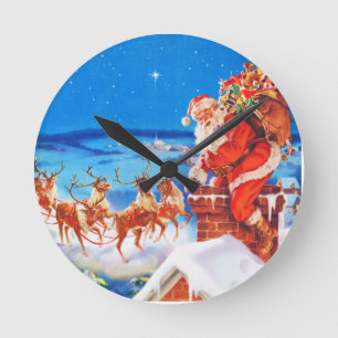 Weihnachtsmann auf dem Dach im Schnee Runde Wanduhr