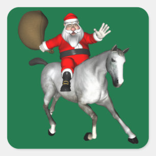 Weihnachtsmann auf einem grauen Pferd Quadratischer Aufkleber