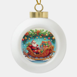 Weihnachtsmann auf einem Schlitten mit einem Renti Keramik Kugel-Ornament