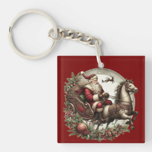Weihnachtsmann auf einem Schlitten und einem Pferd Schlüsselanhänger