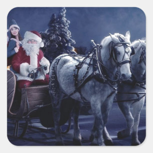 Weihnachtsmann auf einem von Pferden gezogenen Sch Quadratischer Aufkleber