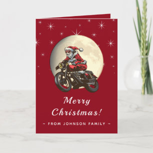 Weihnachtsmann auf Motorrad Mond Himmel Dunkelrot Karte
