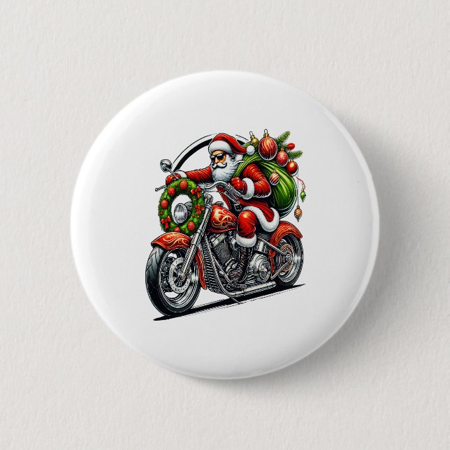 Weihnachtsmann auf Motorrad Weihnachtsbiker Button (Vorderseite)