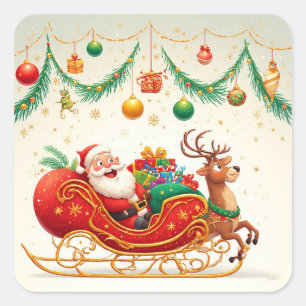 Weihnachtsmann auf Schlitten mit einem Rentier Quadratischer Aufkleber