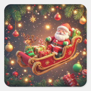 Weihnachtsmann auf Schlitten mit einem Rentier Quadratischer Aufkleber