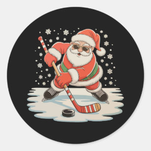 Weihnachtsmann beim Eishockey spielen Weihnachten  Runder Aufkleber
