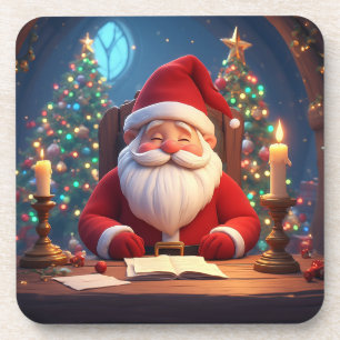 Weihnachtsmann beim Lesen eines Buches bei Kerzenl Getränkeuntersetzer
