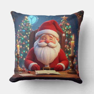 Weihnachtsmann beim Lesen eines Buches bei Kerzenl Kissen
