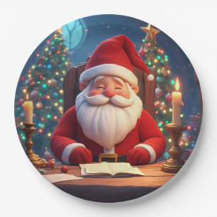 Weihnachtsmann beim Lesen eines Buches bei Kerzenl Pappteller