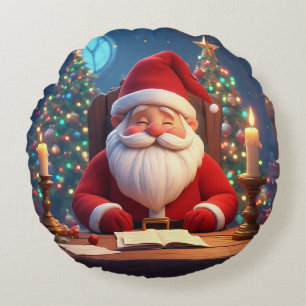 Weihnachtsmann beim Lesen eines Buches bei Kerzenl Rundes Kissen
