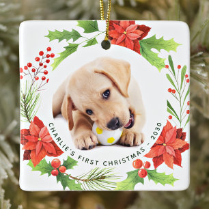 Weihnachtsmann Custom 2 Hund Foto Poinsettia Wreat Keramikornament
