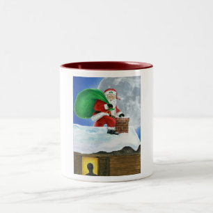 Weihnachtsmann, der auf der Dachspitze schleicht Zweifarbige Tasse