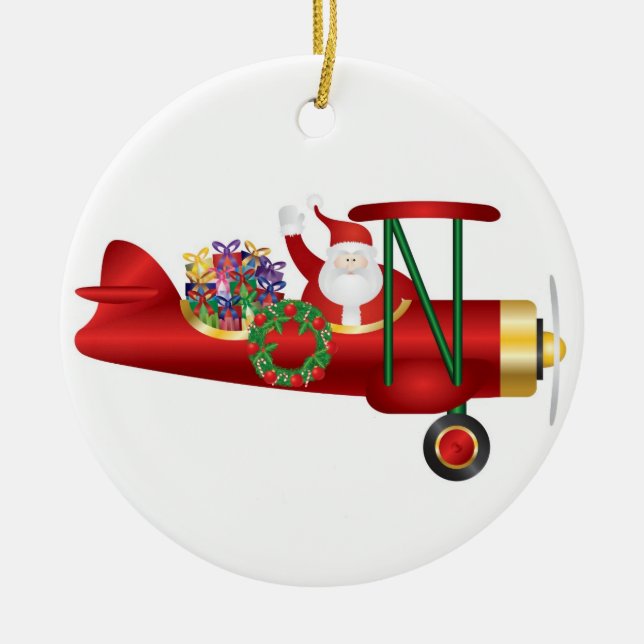 Weihnachtsmann, der auf Doppeldecker mit Keramik Ornament (Vorne)