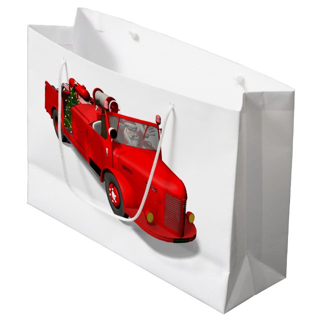 Weihnachtsmann, der ein Löschfahrzeug fährt Große Geschenktüte (Vorderseite Schrägansicht)