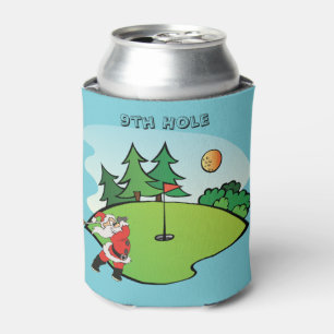 Weihnachtsmann, der Golf auf dem 9. Loch spielt Dosenkühler