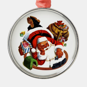 Weihnachtsmann, der mit Zügen spielt Silbernes Ornament