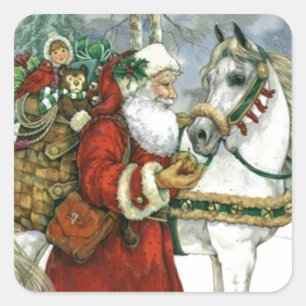 Weihnachtsmann, der seinem weißen Pferd Futter gib Quadratischer Aufkleber