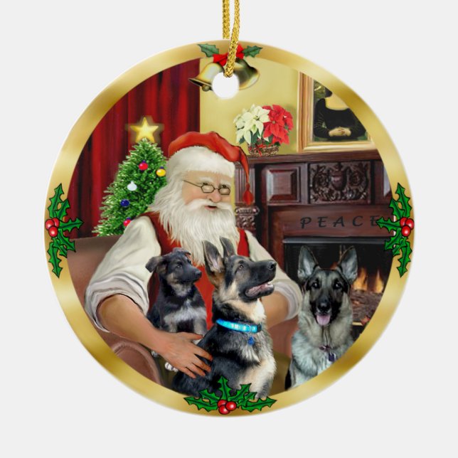 Weihnachtsmann / Deutscher Hirte und Jungtier Keramik Ornament (Vorne)