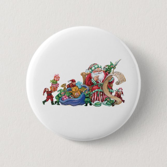 Weihnachtsmann, Elfe und Spielwaren für Button (Vorderseite)