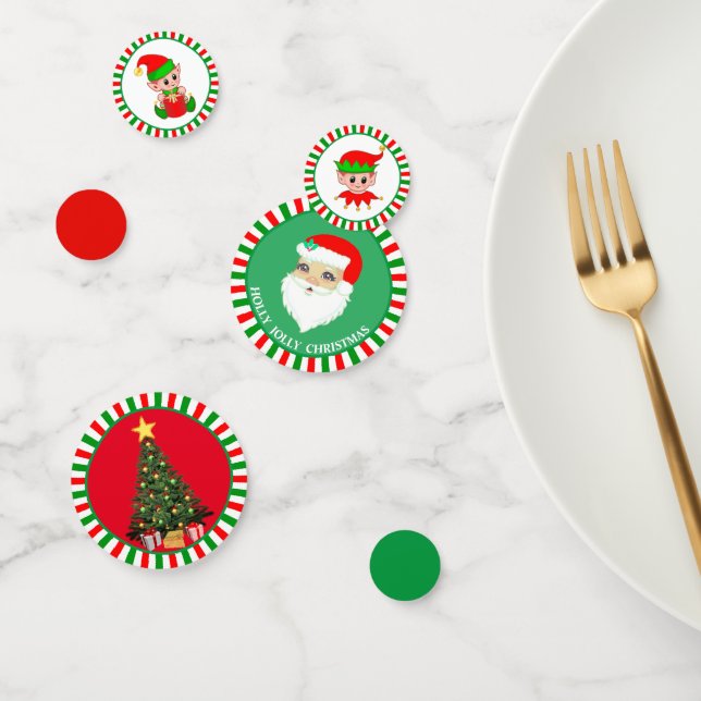 Weihnachtsmann & Elfen auf rot-grün Konfetti (Gruppe)