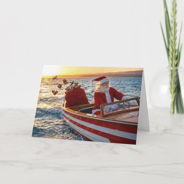 Weihnachtsmann fährt ein Speedboot Karte (Vorderseite)