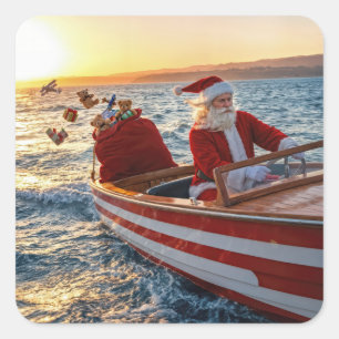 Weihnachtsmann fährt ein Speedboot Quadratischer Aufkleber