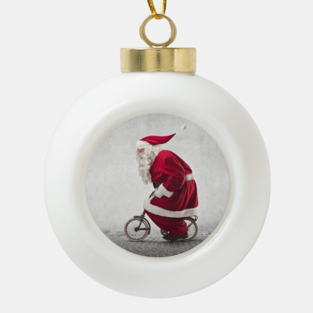 Weihnachtsmann fährt Fahrrad Keramik Kugel-Ornament (Vorderseite)
