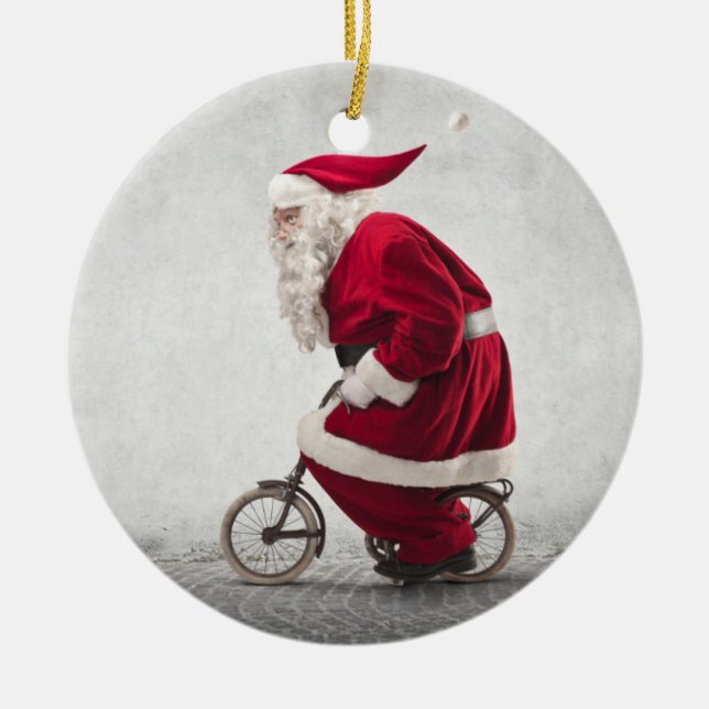 Weihnachtsmann fährt Fahrrad Keramik Ornament (Vorne)