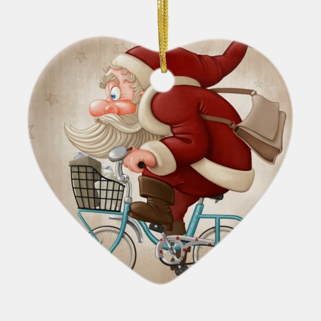 Weihnachtsmann fährt Fahrrad Keramik Ornament (Vorne)